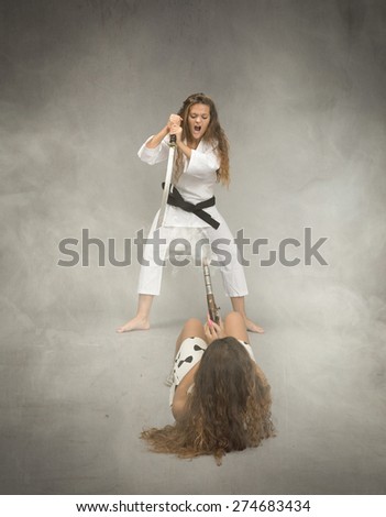 oriental fighting  with sword and gun, cloudy room