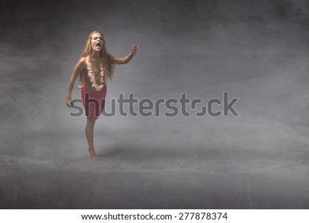 girl in beach dress run and scream, cloudy situation