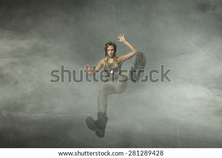 soldier flying down, cloudy room