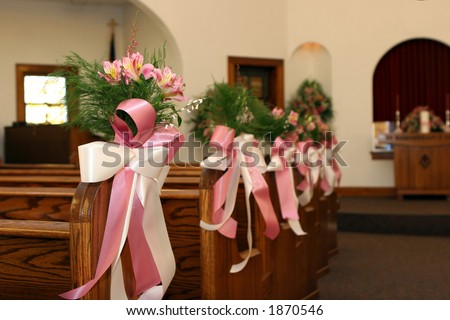 stock photo Floral decorations for a wedding in a church