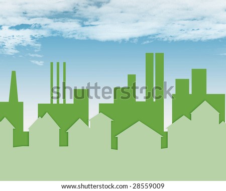 simple cutout design of homes and factories with blue sky