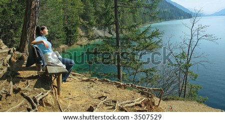 woman sitting on a bank beside a lake. The unique keyword for this collection is: lake77