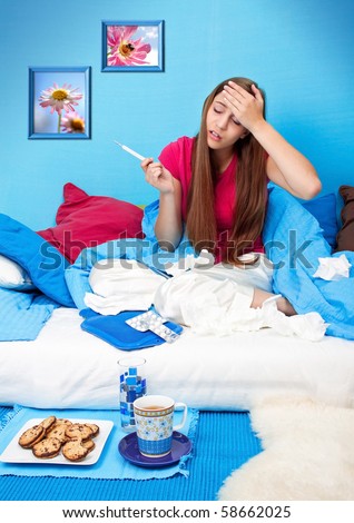 young teenage-woman is sick in bed (my flower photos)