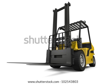 3D illustration of modern yellow forklift truck isolated on white background