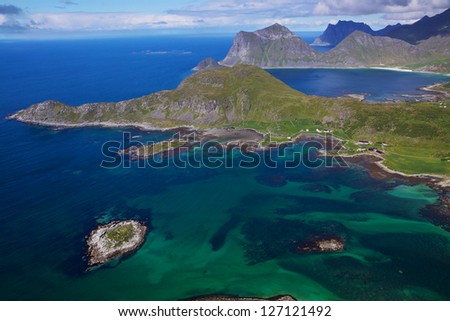 Aerial view of norwegian coast with fjords on Lofoten islands