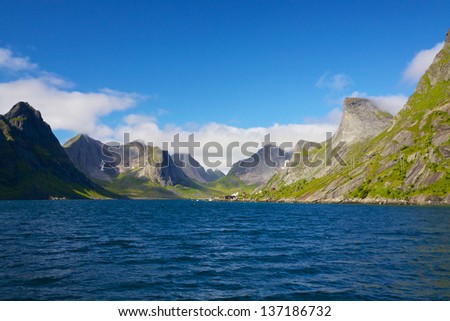 Scenic panorama of fjord on Lofoten islands in Norway on sunny summer day