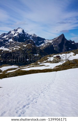 Scenic view of snow covered mountains on Lofoten islands in Norway