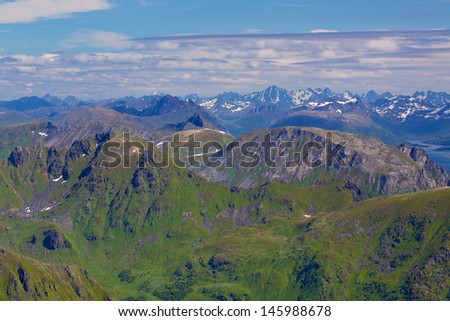 Aerial view of scenic mountain peaks on Lofoten islands in Norway in summer