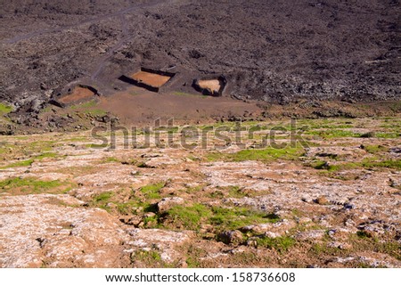 Empty animal farm underneath volcano in Volcanic park Timanfaya on island Lanzarote, Canary Islands