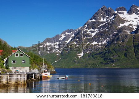 Scenic norwegian fjord on Lofoten islands with traditional fishing boat