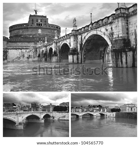 Famous places in Rome - Angels castle and bridge. Italy. Collage