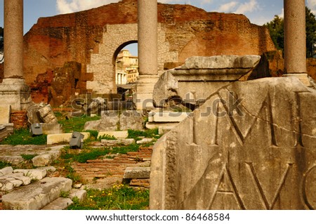 Ancient Rome. Ruins of the Forum Romanum in Rome, Italy, Ancient times in Europe.