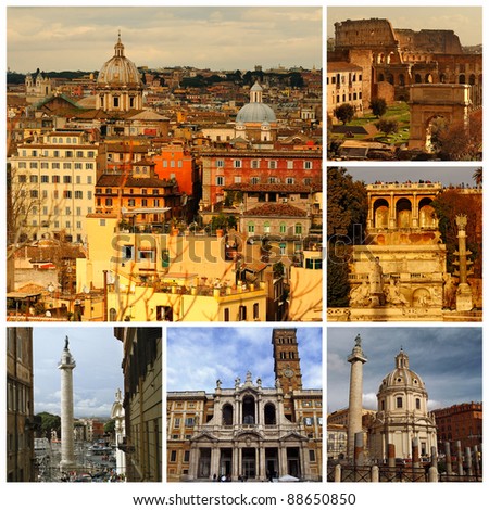 Rome, Panoramic view. Colosseum, Rome fountain, Traian column and churches, Santa Maria Maggiore. Italy. Collage