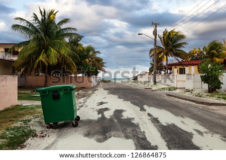 trash in the street with palm trees