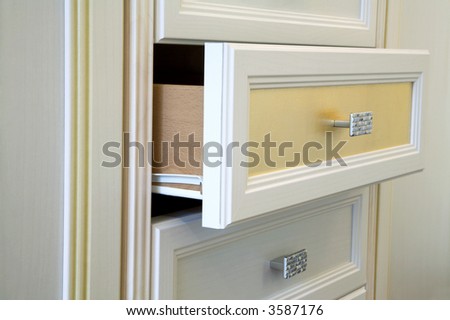 Modern white cabinet with drawers and handles