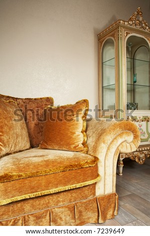 Orange sofa with pillows and a beautiful case