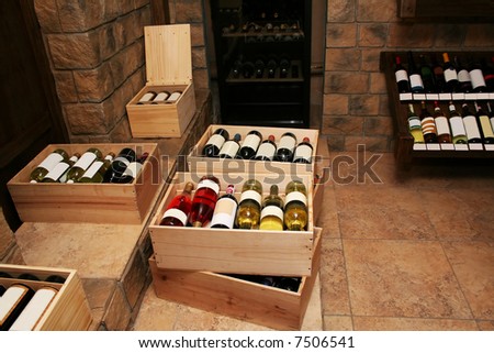 Bottles with old wine in liquor store