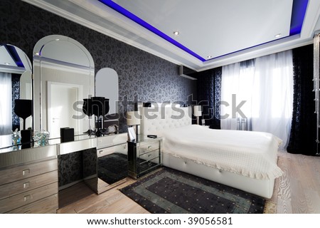 Modern Bedroom Furniture on Beautiful And Modern Bedroom With Mirrored Furniture Stock Photo