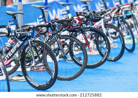 STOCKHOLM - AUG, 23: Bikes at the transition zone at the Mens ITU World Triathlon Series event Aug 23, 2014 in Stockholm, Sweden