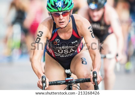 STOCKHOLM - AUG, 23: Closeup of Katie Hursley from USA after the transition to cycling at the Womans ITU World Triathlon Series event August 23, 2014 in Stockholm, Sweden