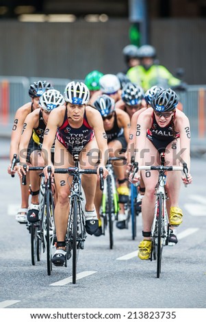 STOCKHOLM - AUG, 23: Sarah Groff from USA leading the first group in the cycling at the Womans ITU World Triathlon Series event August 23, 2014 in Stockholm, Sweden