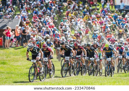 TULLINGE, STOCKHOLM - JUNE 8: After the start of the Lidaloop mountainbike race 2014 with a leader group. June 8, 2014 in Stockholm, Sweden. One of the biggest MTB races in sweden.