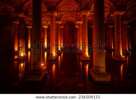 ISTANBUL, NOV 13: The Basilica Cistern with columns beneath the city of Istanbul. November 2013 in Istanbul, Turkey
