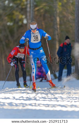 STOCKHOLM - FEB 15: The leader Robin Norum from Umea after the second lap in the Stockholm ski marathon in cross country skiing, february 15, 2015 in Stockholm, Sweden. Stockholm Ski Marathon 46 km