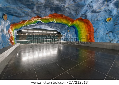 STOCKHOLM, SWEDEN - MAY 11: Stadion subway station is full of sculptures and signs designed in the rainbow colors on May 11, 2015 in Stockholm, Sweden.