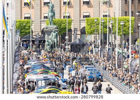 STOCKHOLM, SWEDEN - MAY 23: Gumball 3000 custom car at display on the streets of Stockholm on May 23, 2015. People at the streets admiring the exotic cars at display.