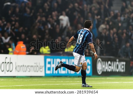 STOCKHOLM, SWEDEN - MAY 25: Kerim Mrabati after his goal for DIF against AIK on May 25, 2015. Tele2 arena is a new multipurpose arena in Stockholm.