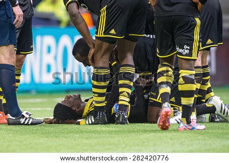 STOCKHOLM, SWEDEN - MAY 25: AIK player Henok Goitom congratulates Bangura after the goal in the game DIF vs AIK at Tele2 arena on May 25, 2015. Bangura scored the 0-2 goal.