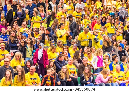 SODERTALJE, SWEDEN - NOV 21, 2015: Swedish fans at the Women European Basketball Qualifier game between Sweden and Spain at Taljehallen.