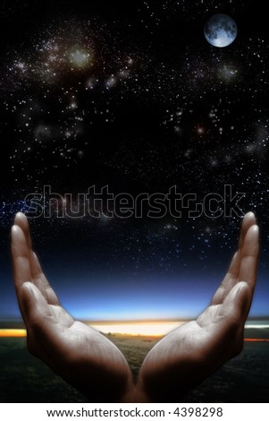 Two godly hands with palms open amongst the moon, stars and the twilight sky.