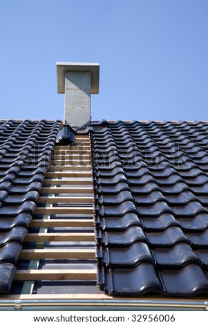 Roof with black roofing tiles.