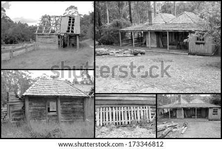 Historical black and white montage of run down early pioneer settlers homestead in Australia