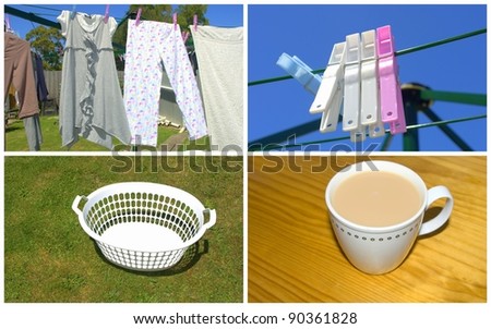Suburban back yard washing hanging on clothes line with pegs a washing basket and a cup of tea made into a collage concept