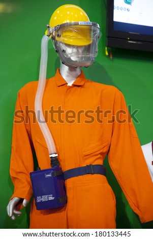 BANGKOK, THAILAND - February 3:An industrial safety helmet and mask.All new collection to safe with fire and gas.February 3,2014 in Bangkok,Thailand.