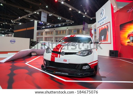 NONTHABURI, THAILAND - March 26: MG mg6 sport racing car  display on stage at The 35th Bangkok International Motor Show on March 26,  2014 in Nonthaburi, Thailand.
