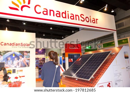 BANGKOK - JUNE 4 : Canadian Solar show on red roof  at Renewable Energy Environmental Technology on June 4,2014 in BITEC ,Bangkok,Thailand.