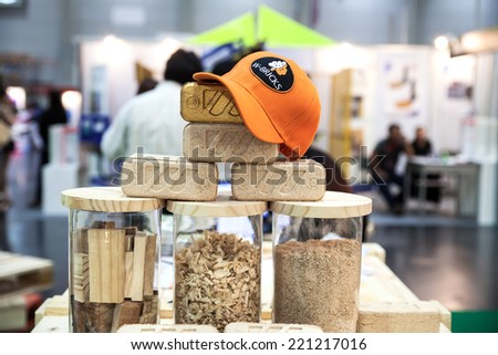 BANGKOK - SEPTEMBER 27 :Wood brick made from palet wood at Thailand  International Logistic Fair 2014 on Sep 27,2014 in BITEC ,Bangkok,  Thailand.