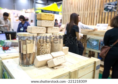 BANGKOK - SEPTEMBER 27 :Wood brick made from palet wood at Thailand  International Logistic Fair 2014 on Sep 27,2014 in BITEC ,Bangkok,  Thailand.