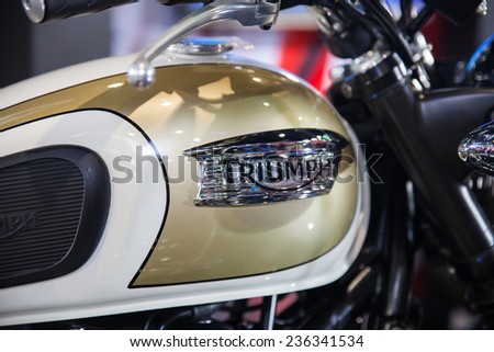 NONTHABURI - DECEMBER 4 :TRIUMPH Logo  motorcycle  on display at MOTOR EXPO 2014 on  Dec 4,2014 in Nonthaburi, Thailand.