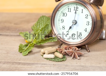 Time to eat Organic Herb capsule medicine with mint leaves