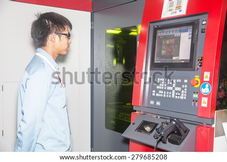 BANGKOK ,THAILAND - MAY 16: Unidentified people interesting  with  controler machine box in Intermach-Subcon Thailand  2015, on MAY 16, 2015 in Bangkok, Thailand.