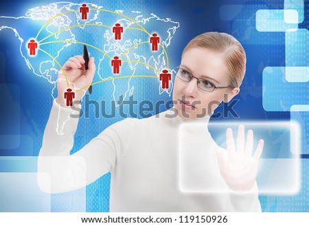 business concept. communication, link, connection people of the future on the map around the world