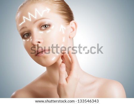 concept skincare. Skin of beauty young woman with facelift, plastic surgery, rejuvenation, arrows