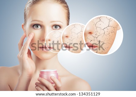 concept of cosmetic effects, treatment and skin care.  face of young woman with dry skin