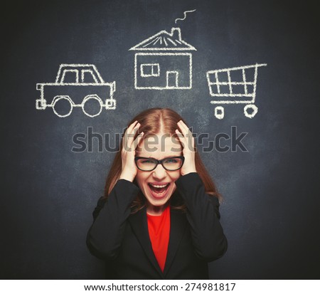 Business woman housewife in stress from many businesses, work, home, shopping