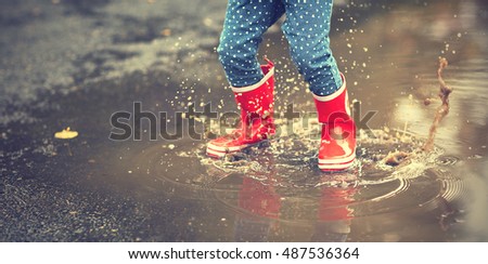 legs of child in red rubber boots jumping in the autumn puddles